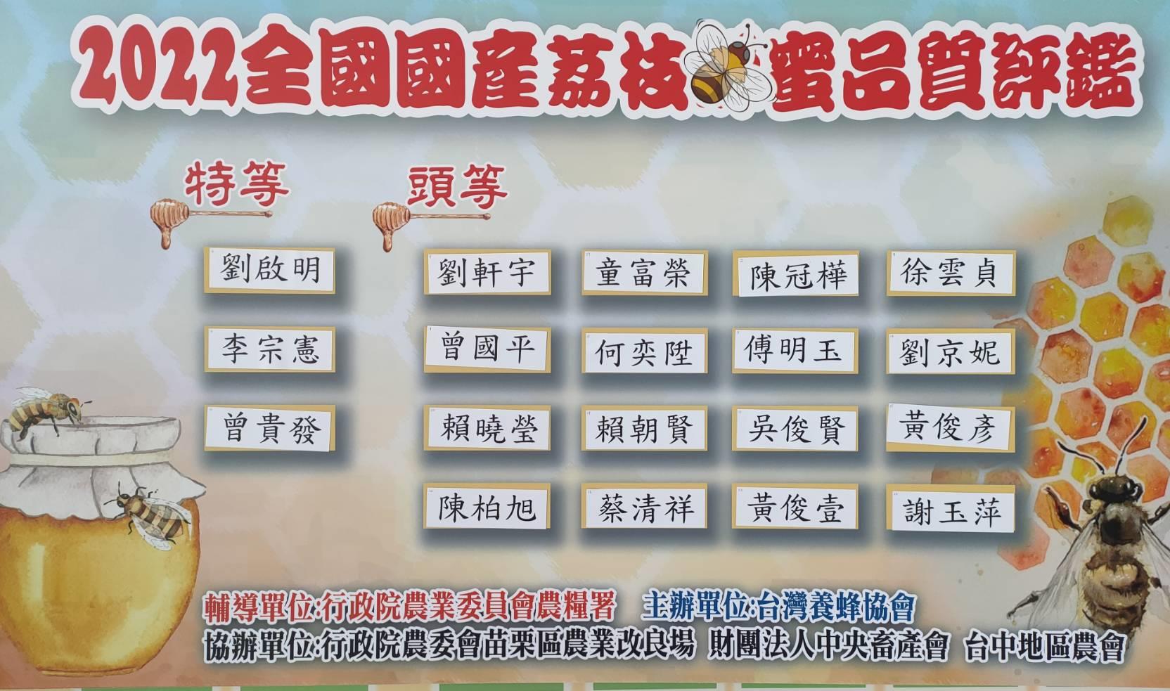 2022年全國荔枝蜂蜜評鑑得獎名單